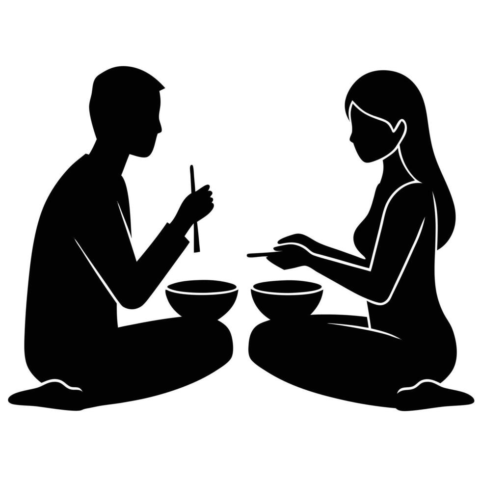 Silhouette of couple enjoying a meal together vector
