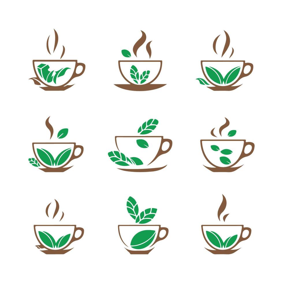Collection of Tea Cups with Green Tea Leaves and Steam vector