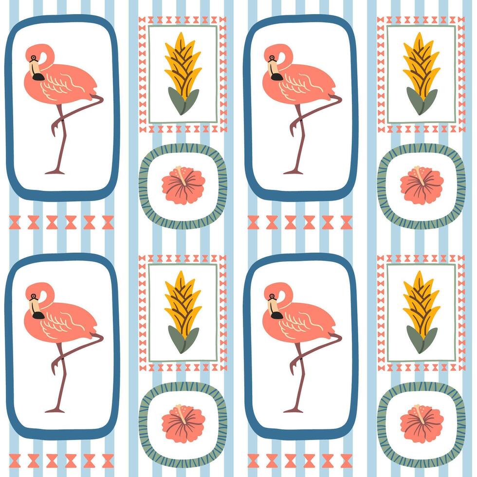 Seamless tropical pattern with pink flamingos, exotic flowers, and jungle leaves in folk style frames, perfect for summer textiles. vector