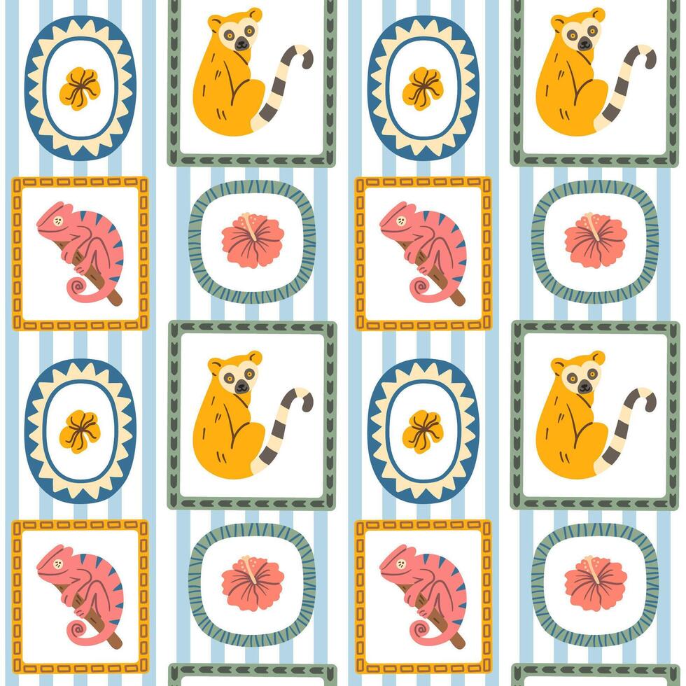 Seamless pattern with cute lemurs, chameleons, and tropical flowers framed in decorative shapes, ideal for jungle-themed designs. vector