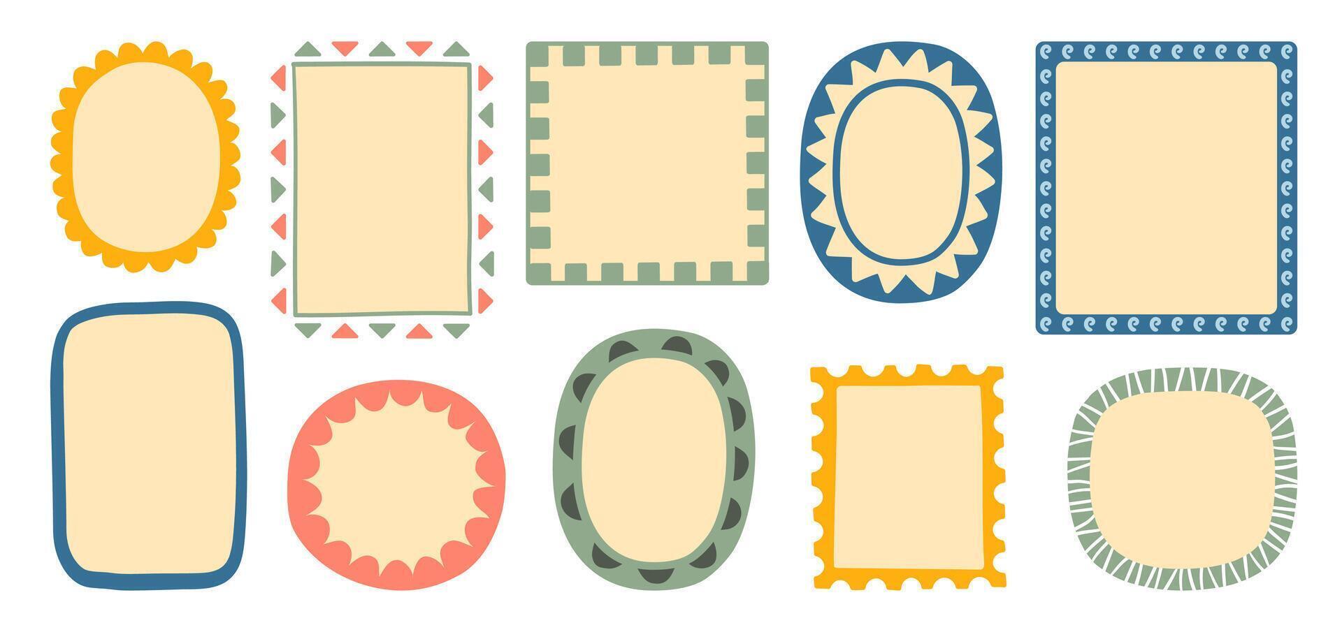 Collection of hand-drawn decorative frames with tribal and geometric elements, ideal for tropical design, labels, cards, stickers, and kids projects. vector