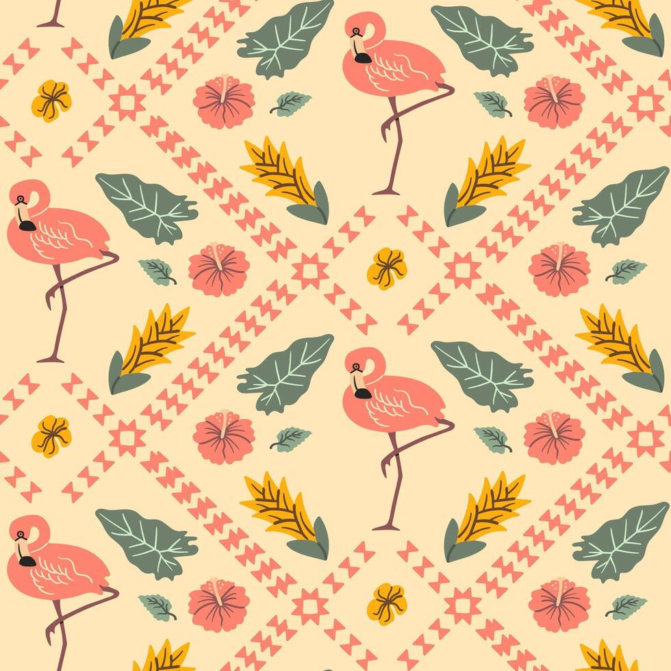 Seamless tropical pattern with pink flamingos, hibiscus flowers, jungle leaves, and tribal geometric elements on a warm beige background. vector
