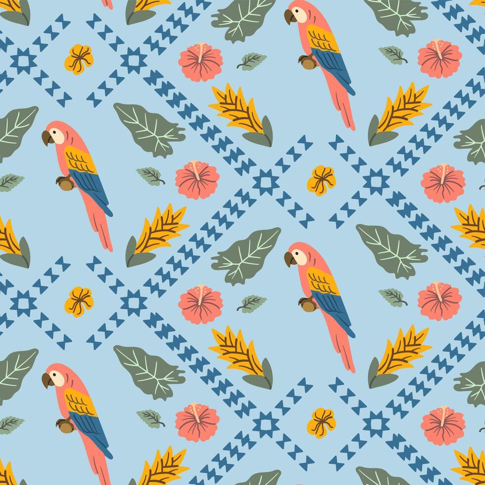 Seamless tropical pattern with colorful macaws, hibiscus flowers, palm leaves, and ethnic geometric elements on a light blue background. vector