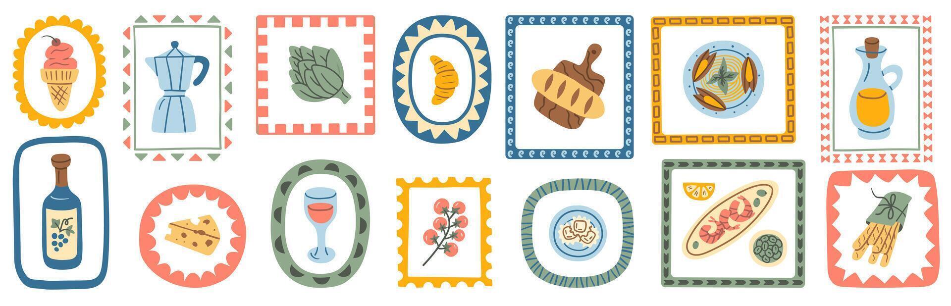Hand-drawn Italian food and drink illustrations inside playful decorative frames, perfect for culinary prints, restaurant decor, packaging, and menu design. vector