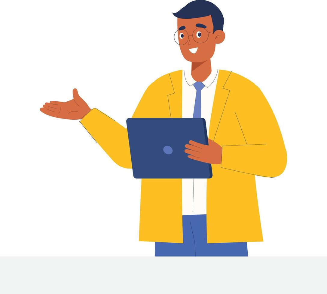2D Cartoon Man Standing with Laptop on White Background, Digital Illustration for Business and Technology vector