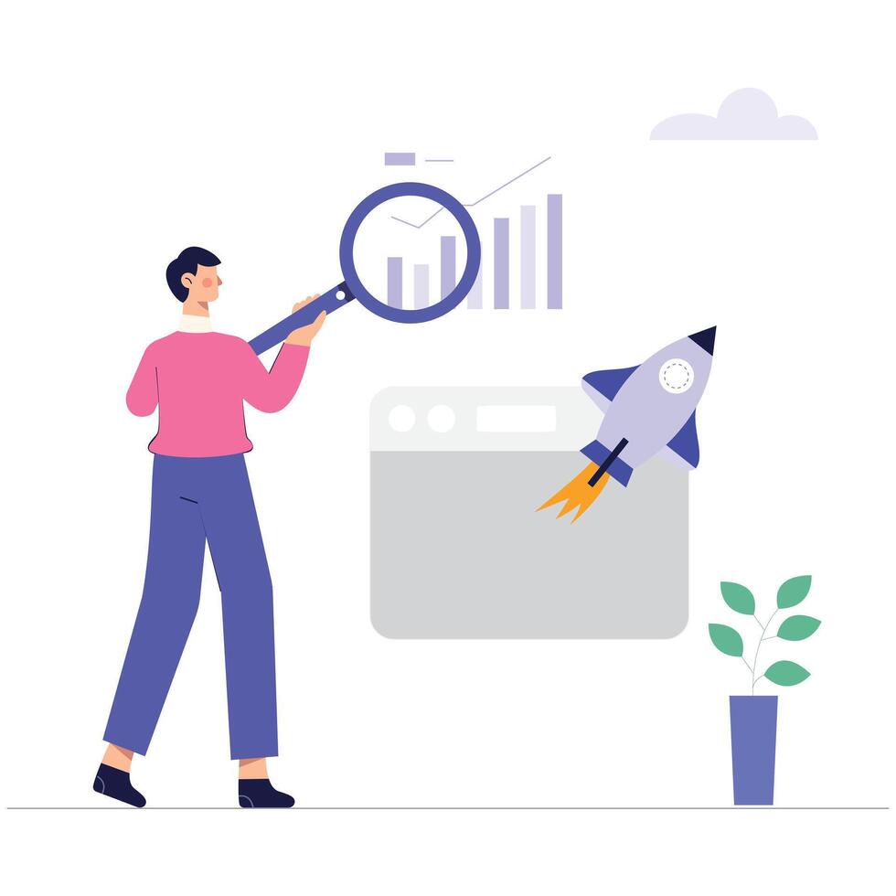 Man Holding Magnifying Glass Looking at Rocket Startup, 2D Illustration for Business Growth and Exploration vector