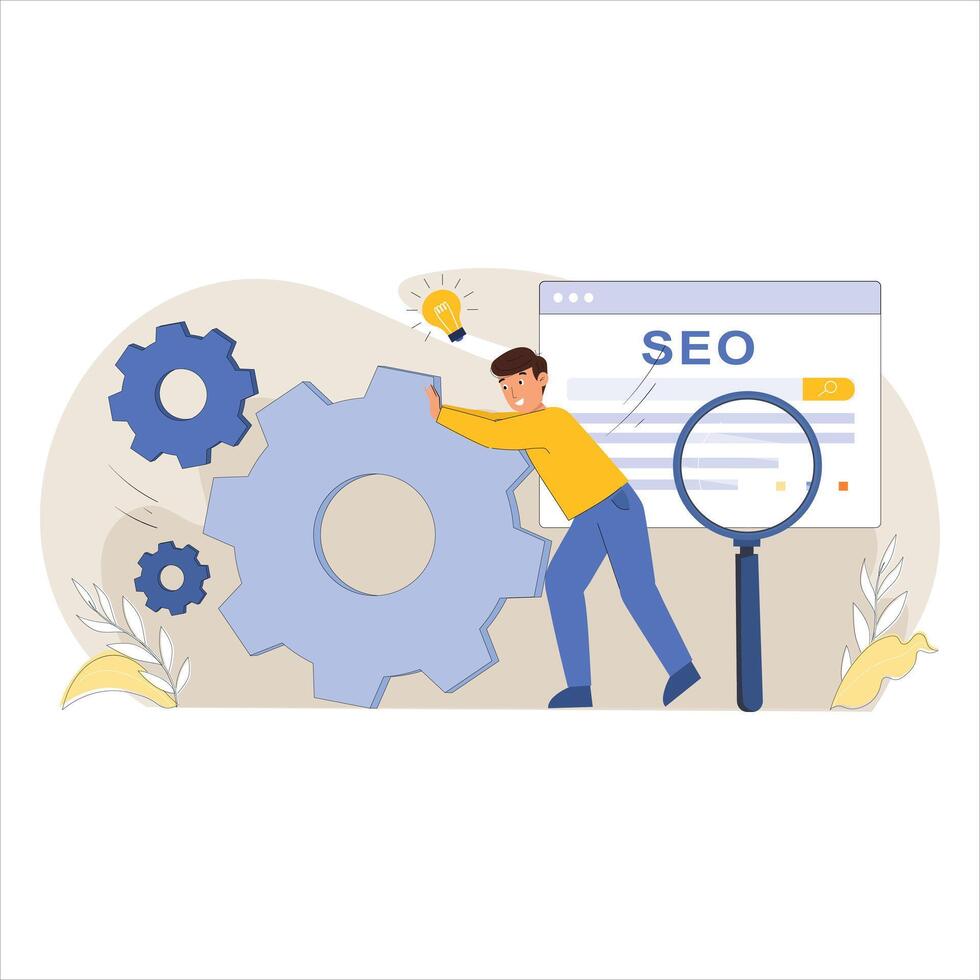 Man Working on SEO Gears with Magnifying Glass, 2D Illustration for Search Engine Optimization and Digital Marketing vector