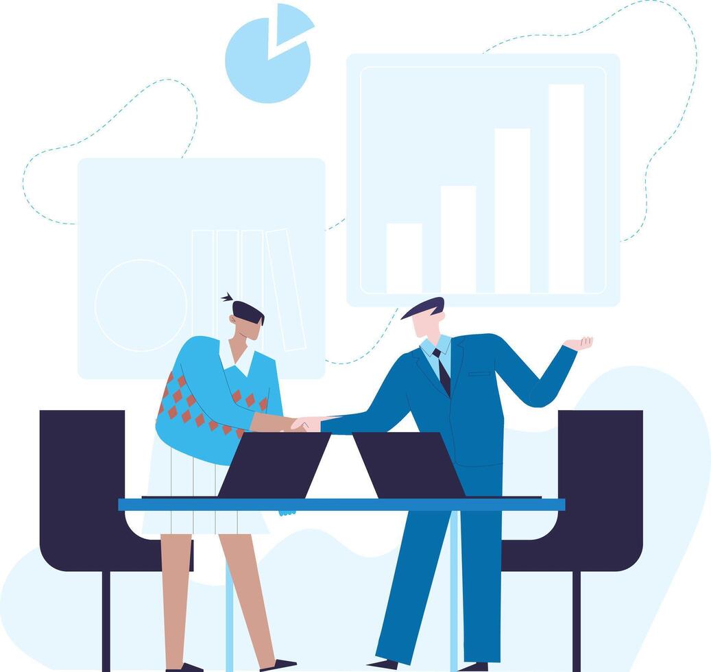 2D Illustration for Corporate Presentation, Two People Sitting at Table Working on Laptop, Office Scene with Cartoon Characters Collaborating on Business Tasks vector