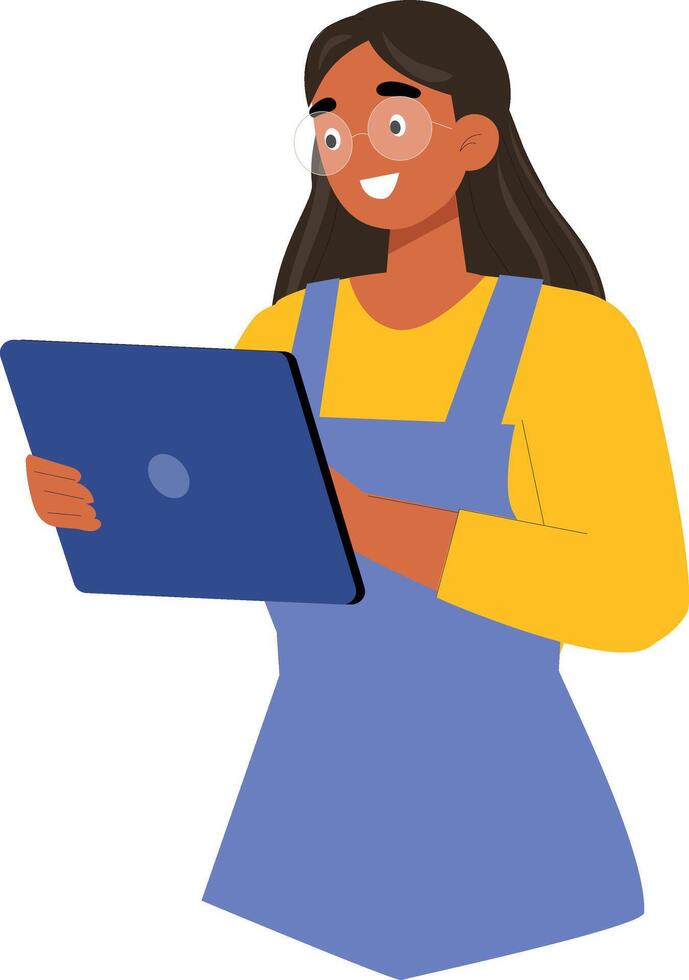 Cartoon Woman Standing with Laptop 2D Illustration for Business and Technology Concepts vector