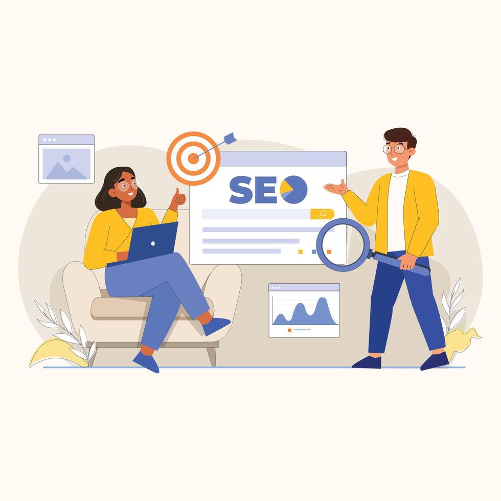 Two People Discussing SEO Strategy on a Couch, 2D Illustration for Digital Marketing Concepts vector