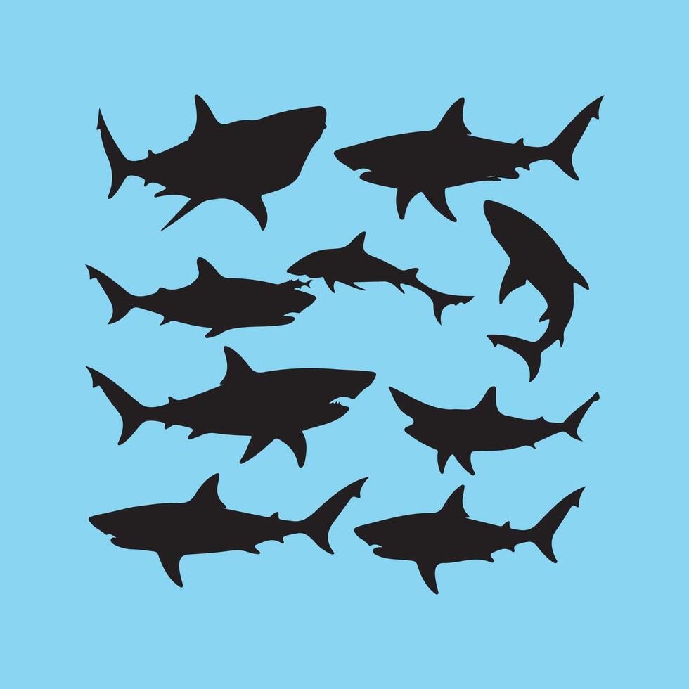 Collection of black shark silhouettes on a blue background vector