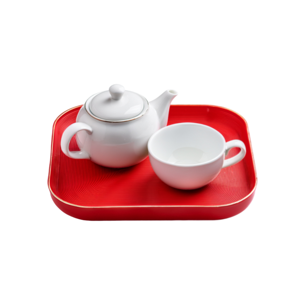 White ceramic tea cup and tea pot in a red tray on transparent background png