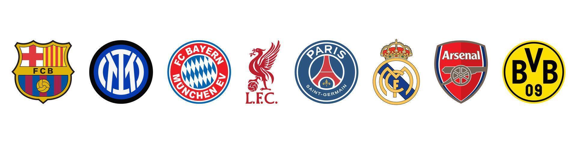 Barcelona, Internazionale, Bavaria, Liverpool Arsenal, Real Madrid, Psg, Borussia. Top europe soccer teams. vector