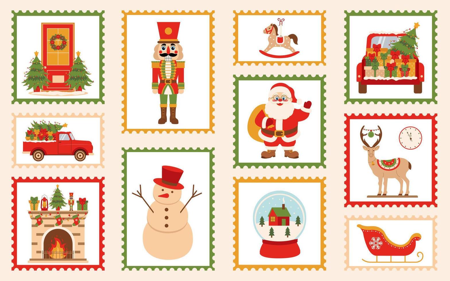 Christmas mail stamps set. Christmas postage stamps. Christmas stickers on envelopes with Christmas illustrations. vector