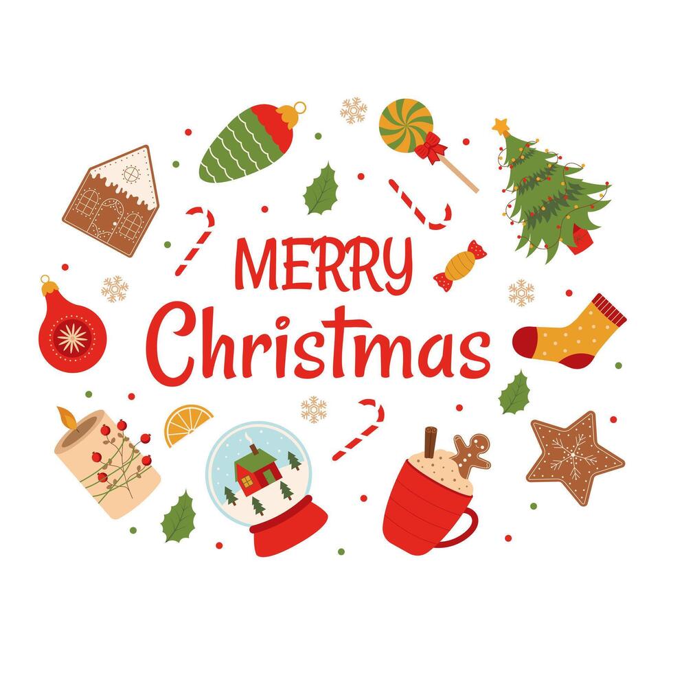 Christmas and winter lettering with wreath. Christmas wreath with christmas and winter elements. vector