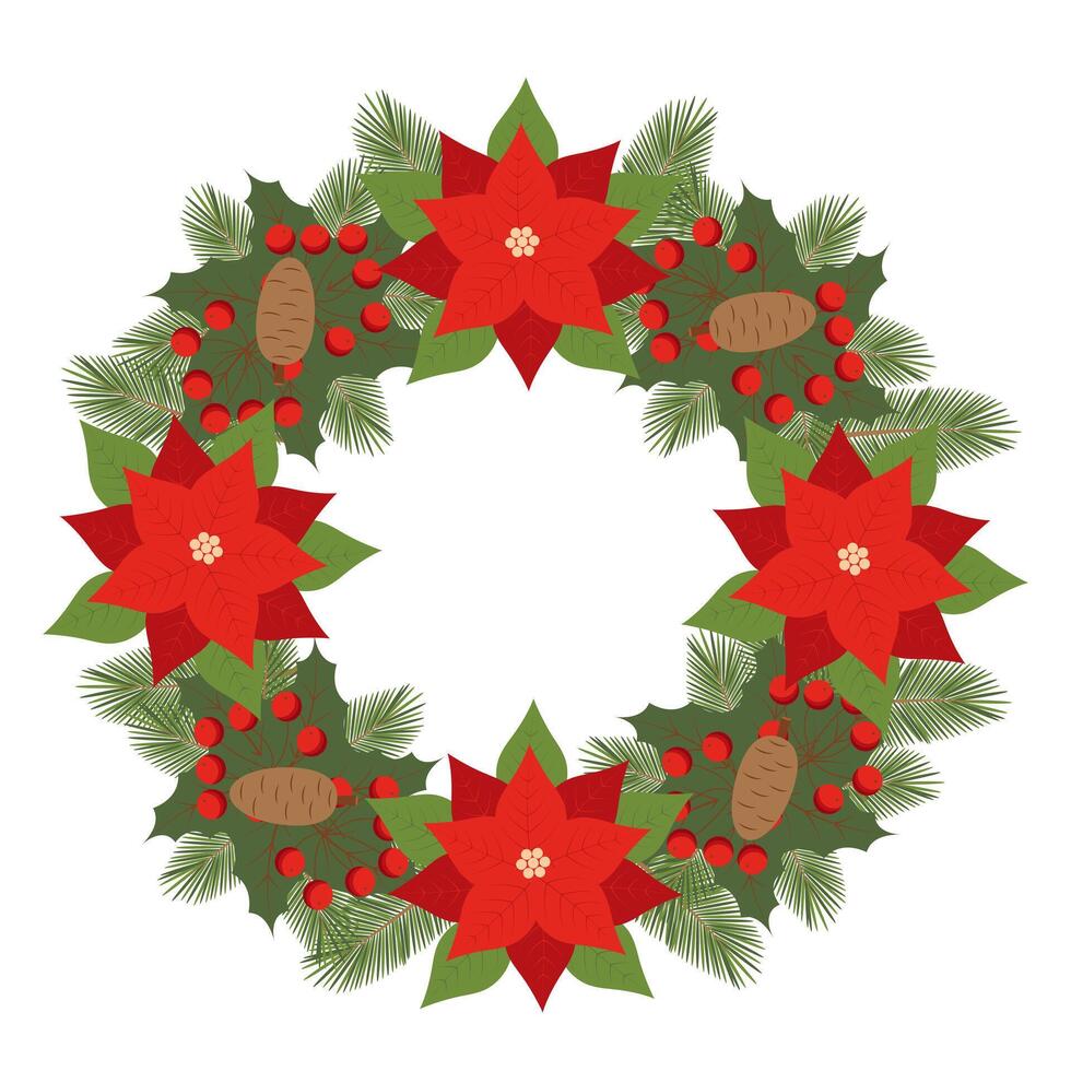 Christmas wreath with poinsettia, spruce branchs, pine cones, berries. vector