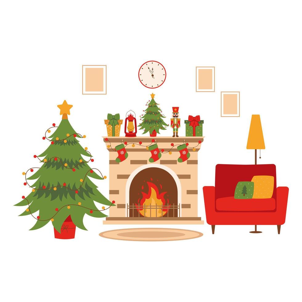 Christmas interior. Living room with fireplace, christmas tree and armchair. Christmas festive atmosphere. vector