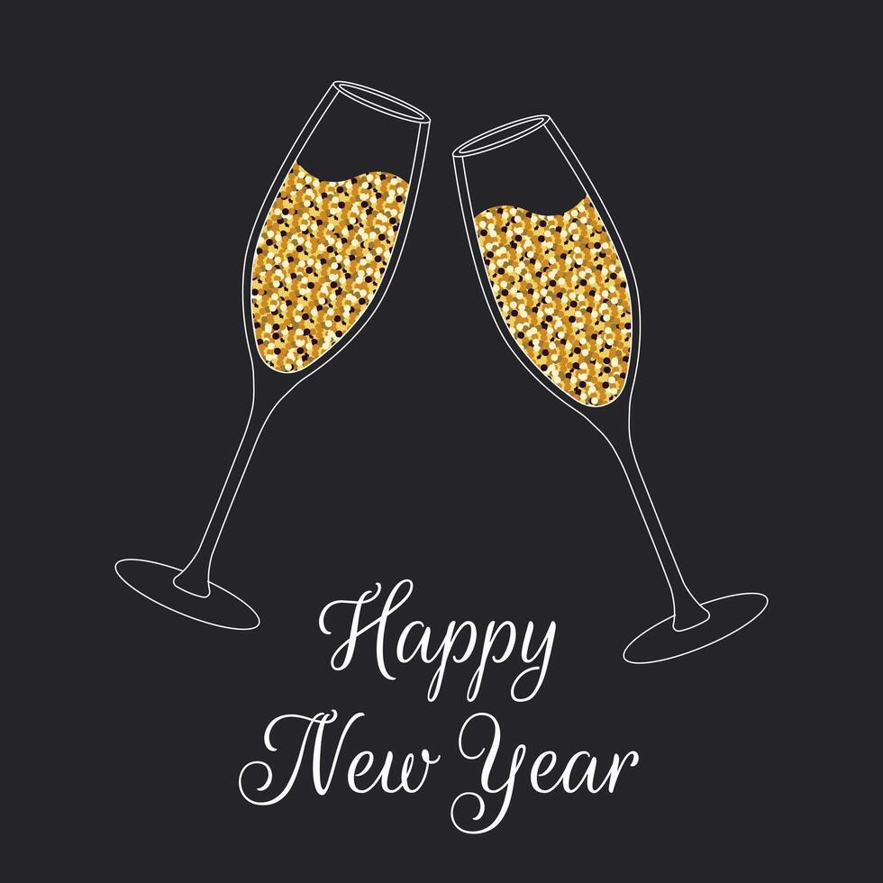 Background with New Year concept. Two glasses of champagne with gold glitters. Template for greeting card, party invitation, social media. vector