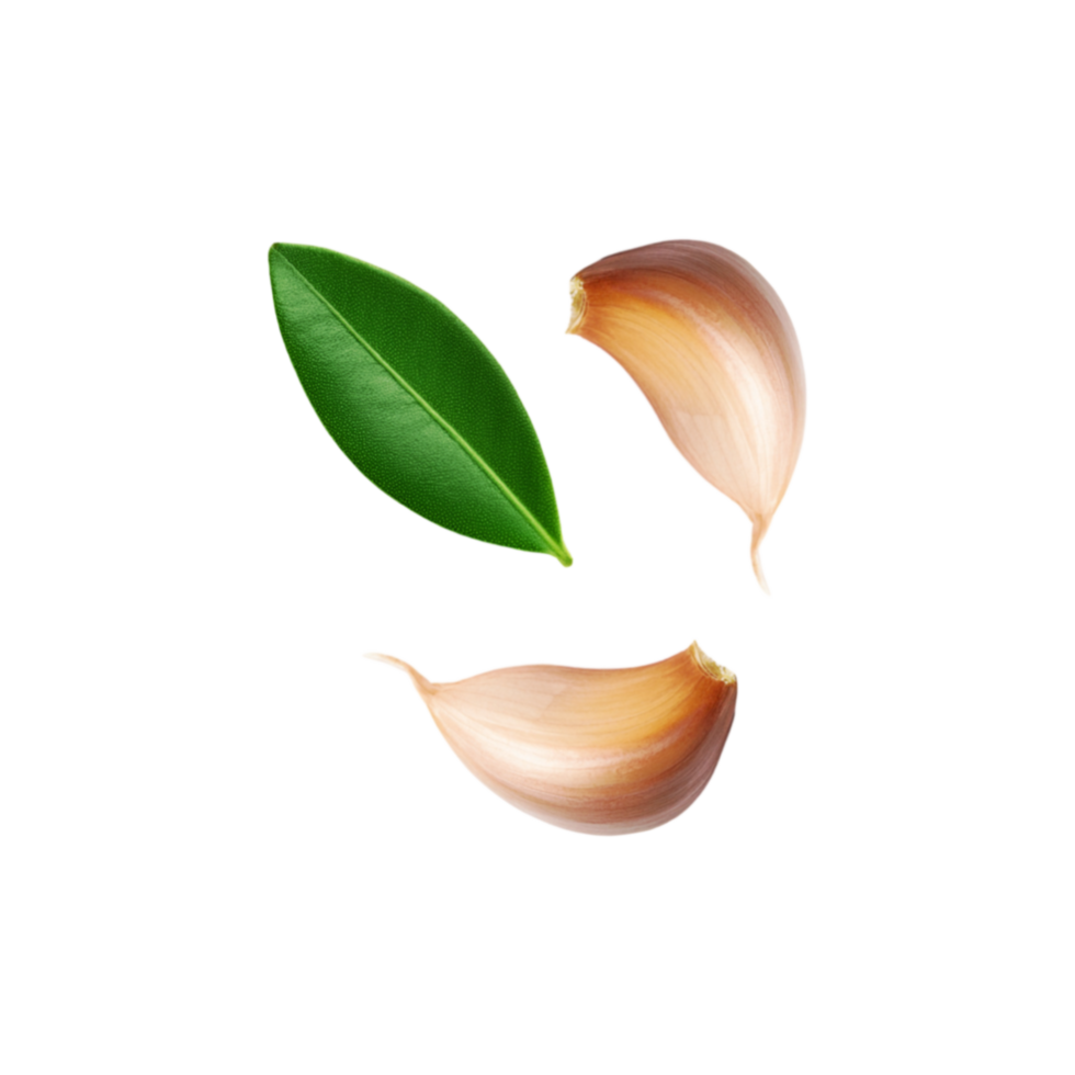Top view of sliced garlic with leaf on transparent background png