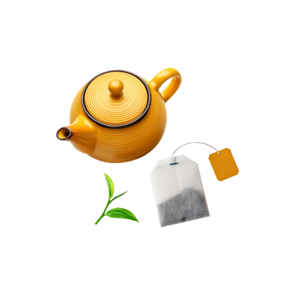 Yellow teapot with tea bag and tea leaf on transparent background png