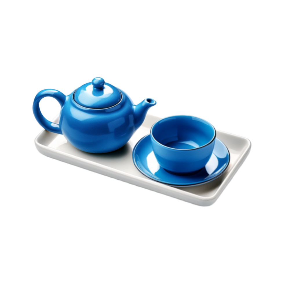 Blue ceramic empty tea cup and tea pot in a white tray on transparent background png