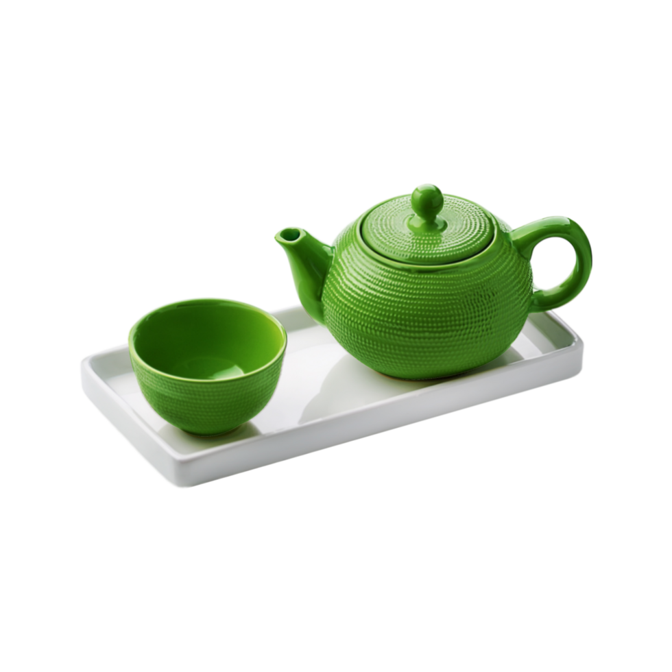 Green empty ceramic tea cup and tea pot in a white tray on transparent background png