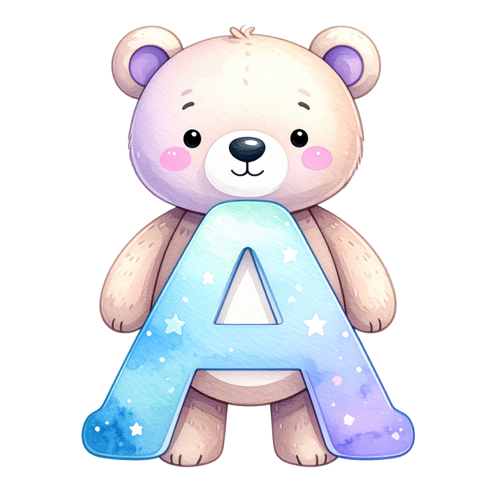 Watercolor baby bear alphabet A png