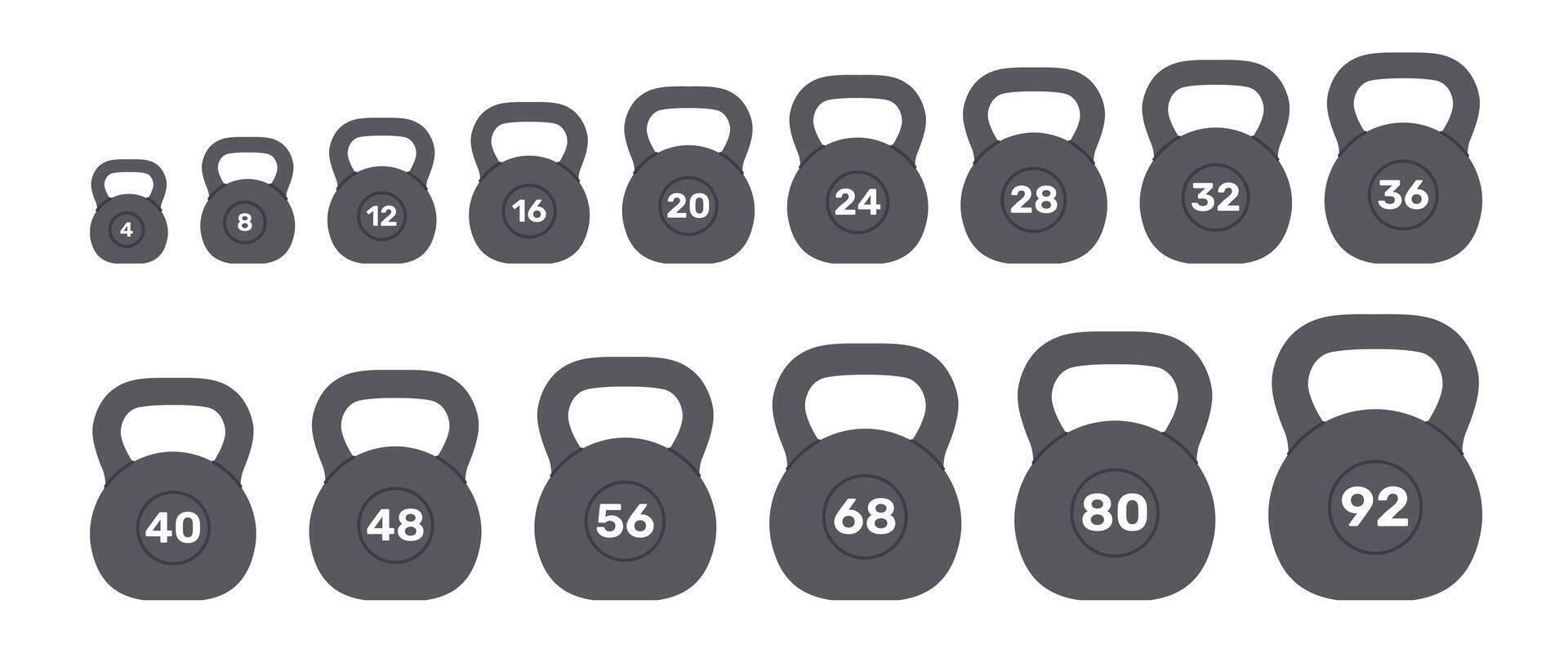 Set of kettlebells of different sizes and weights. Weight for fitness and sport. Athletic equipment for strength exercises, muscle training. Flat illustration isolated on white background vector