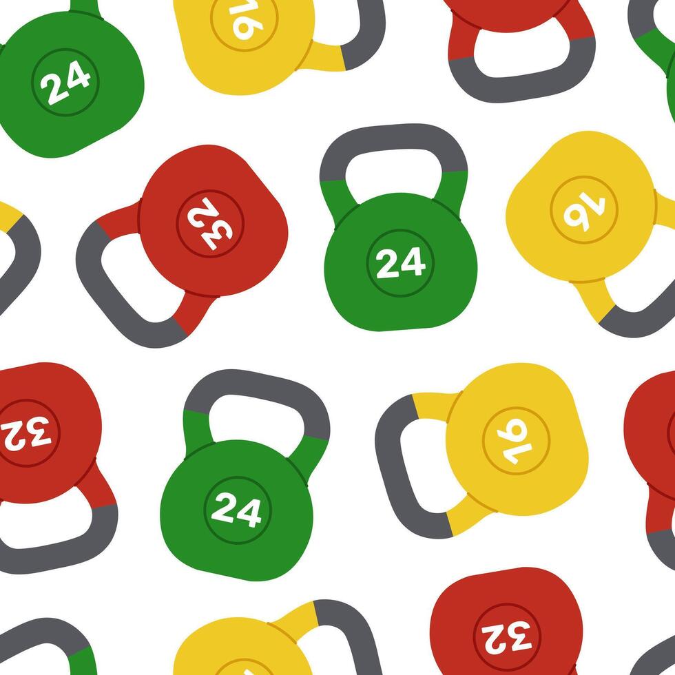 Seamless pattern with standard kettlebells weighing 16, 24 and 32 kilograms on white background. Yellow, green and red weights for kettlebell lifting sport. Fitness equipment. Flat illustration vector