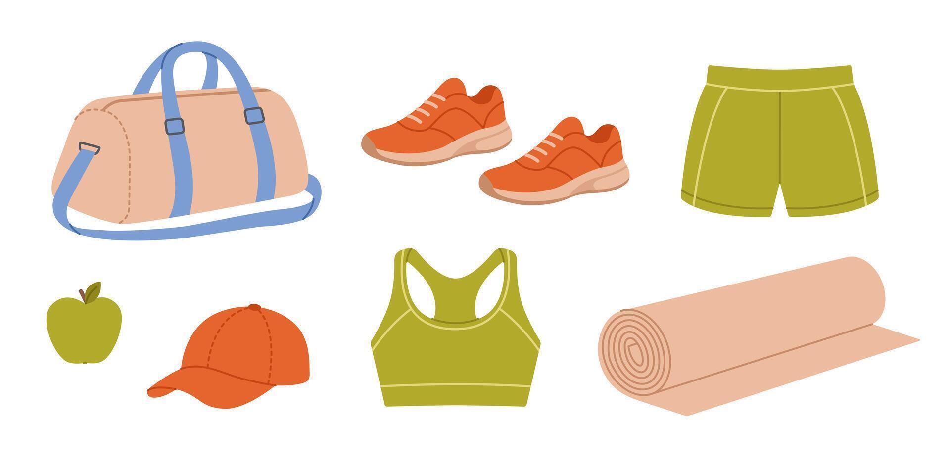 Sportswear set. Fitness collection with sports bag, sneakers, top, shorts, baseball cap, exercise mat and apple. Training, gym. Healthy lifestyle. Flat illustration isolated on white background vector