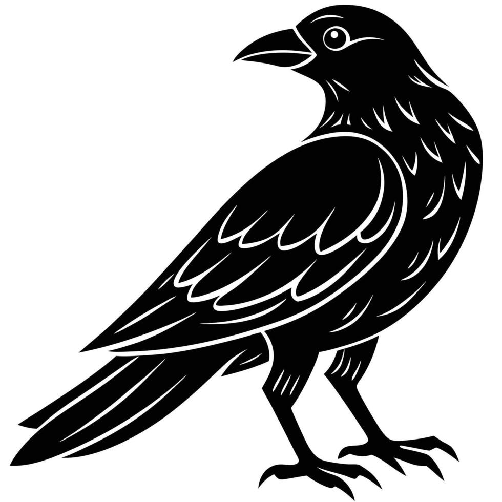 A black and white drawing of a crow vector
