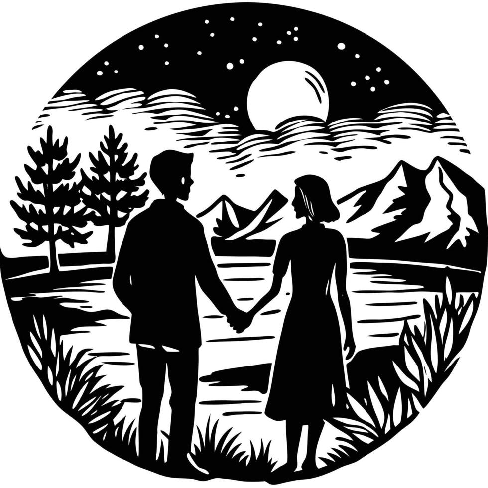 A couple holding hands in the woods vector