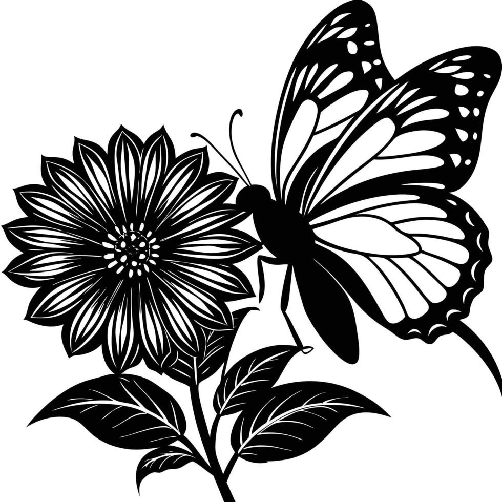 Butterfly and flower silhouette vector