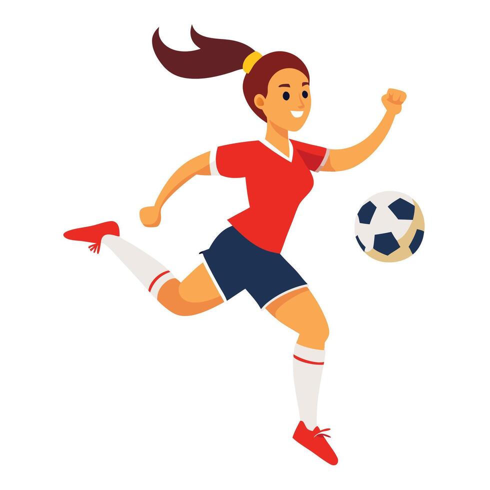 A woman in red and blue soccer uniform is kicking the ball vector