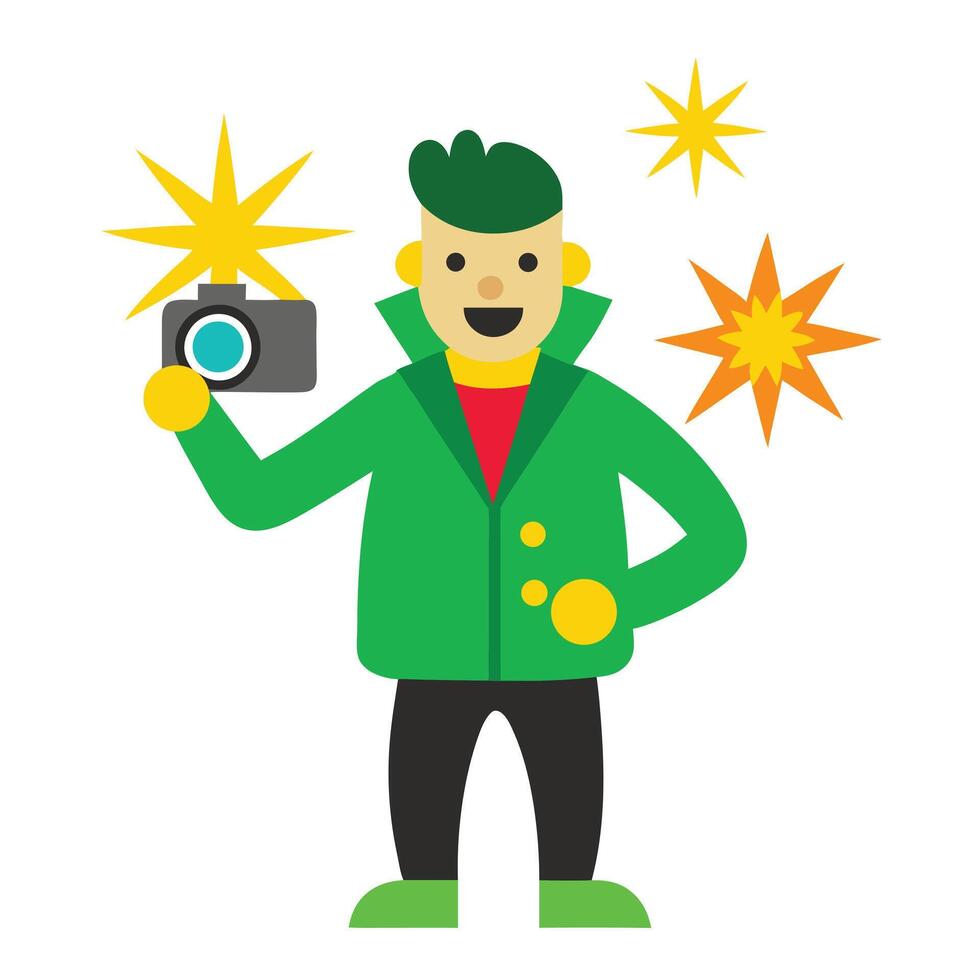 A man in a green jacket holding a camera vector