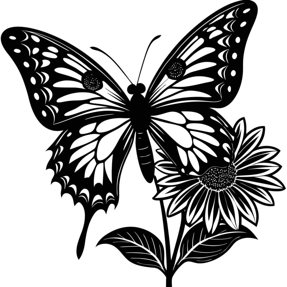 Butterfly on flower black and white vector