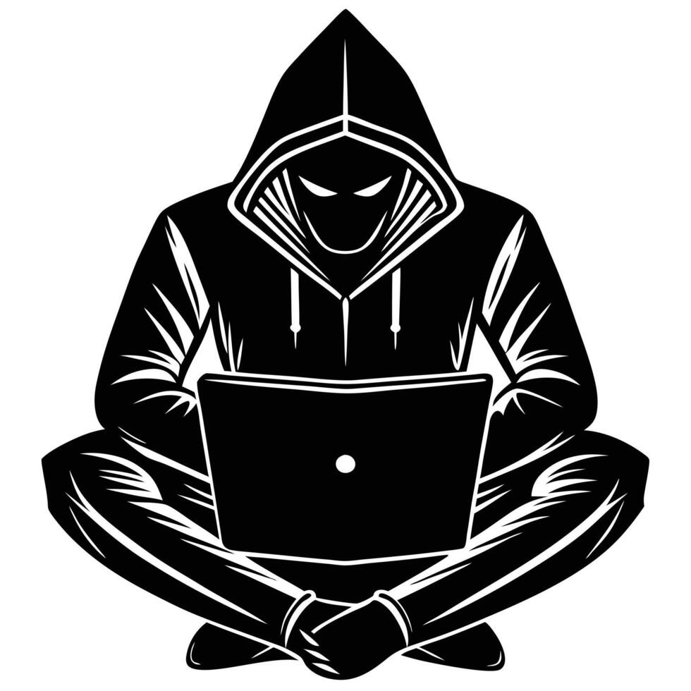 An image of a person in a hoodie sitting on the floor with a laptop vector