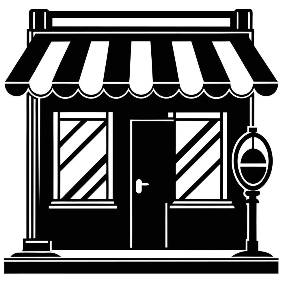 A black and white illustration of a shop front vector