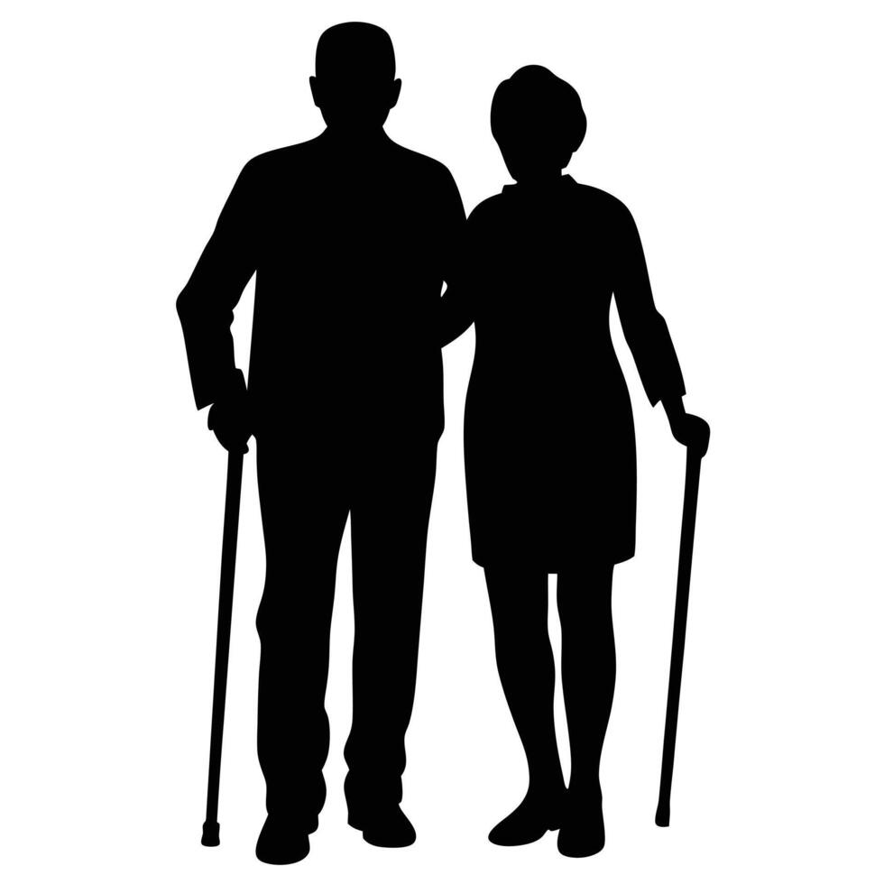 Silhouette of elderly couple with walking sticks vector