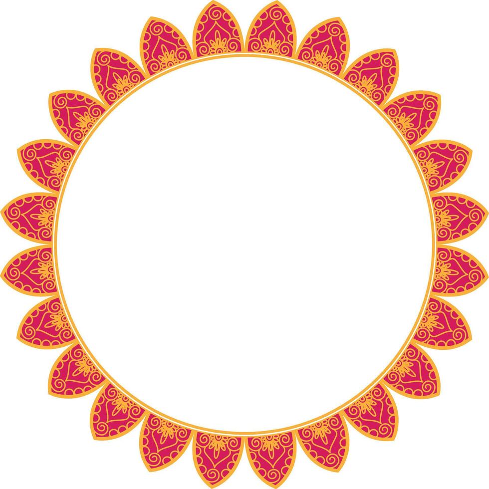 Circular Floral Mandala Frame Design 2. Decorative round frame with intricate orange mandala floral patterns on a white background. vector