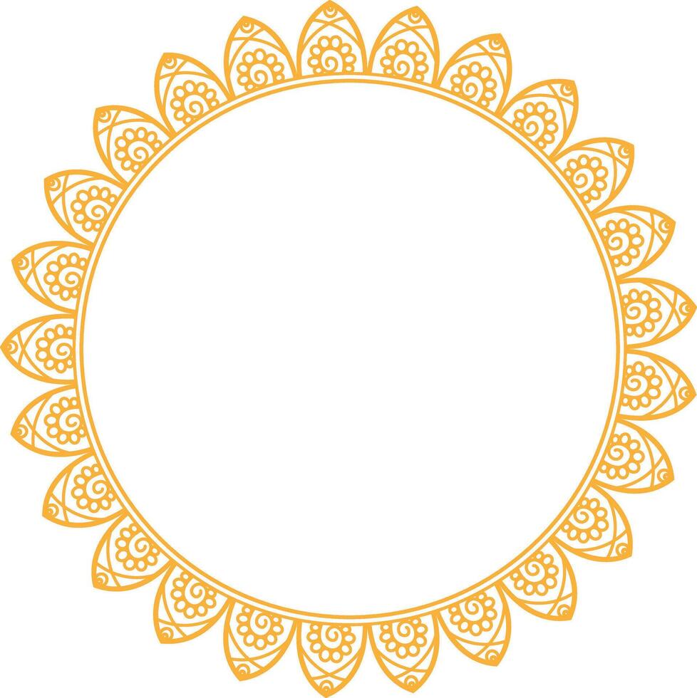 Circular Floral Mandala Frame Design. Decorative round frame with intricate orange mandala floral patterns on a white background. vector