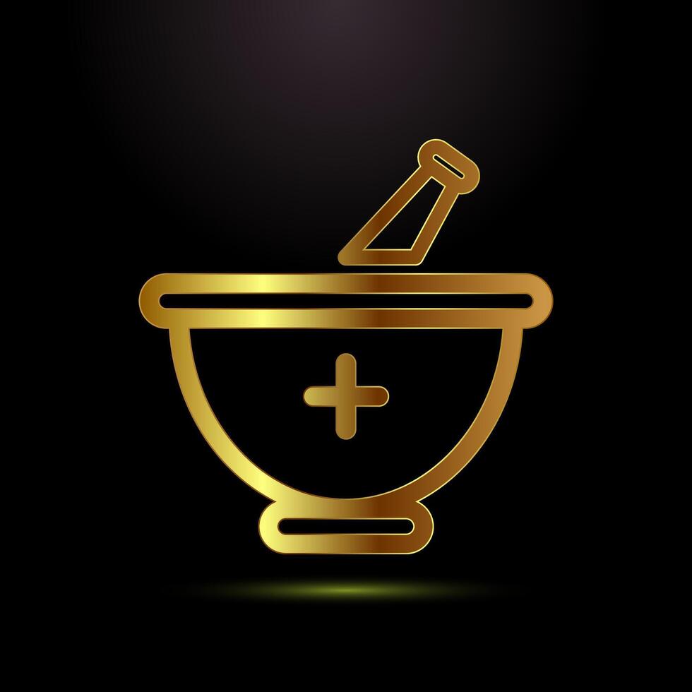 Mortar and pestle icon design illustration. Pharmacy symbol for app, website, and logo in gold color style vector