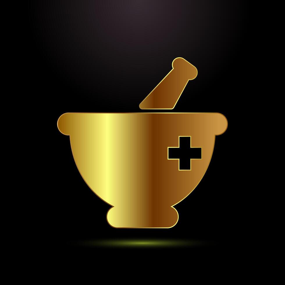 Mortar and pestle icon design. Pharmacy sign for app, website, and logo in gold color style vector