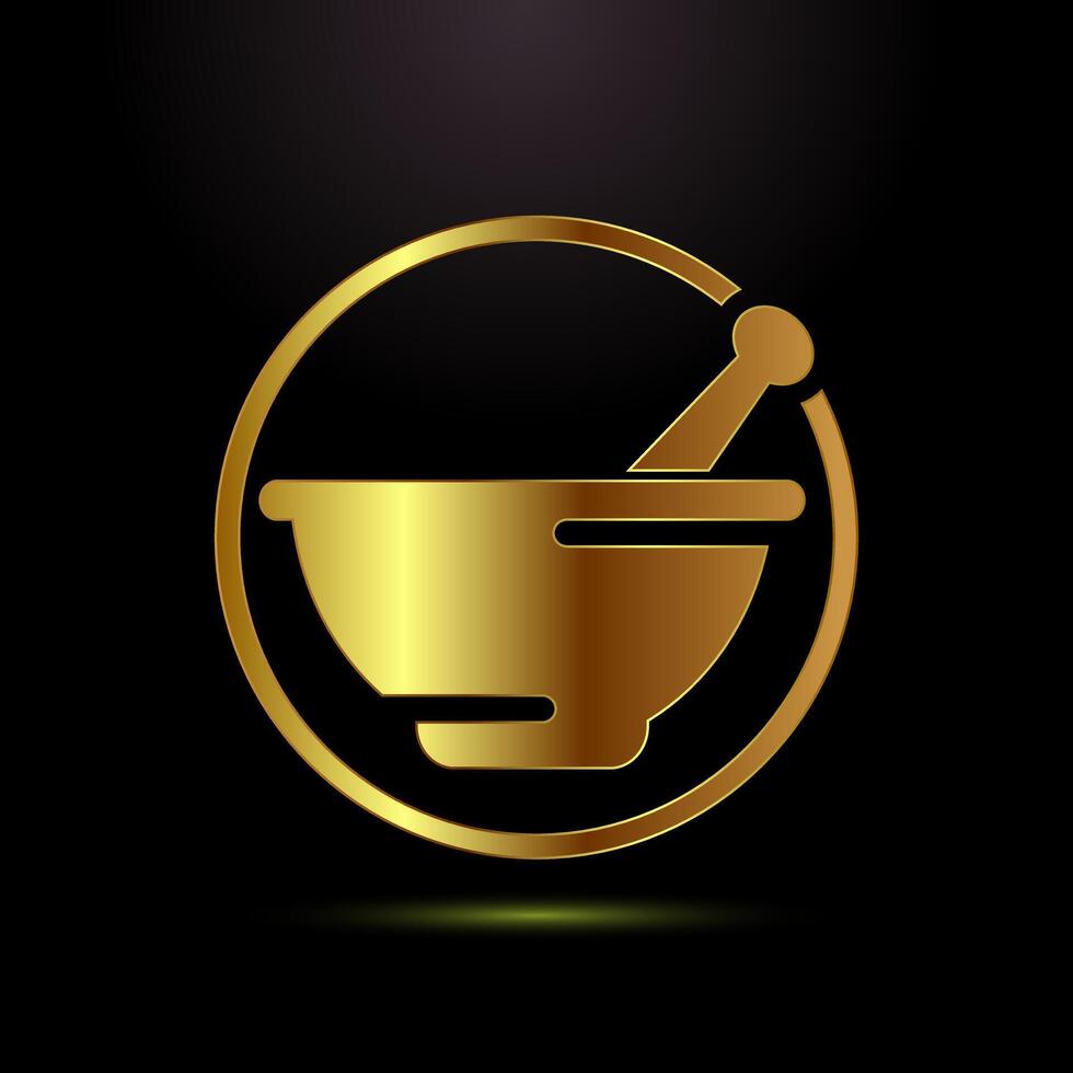 Mortar and pestle icon. Pharmacy sign symbol for app, website, and logo in gold color style vector