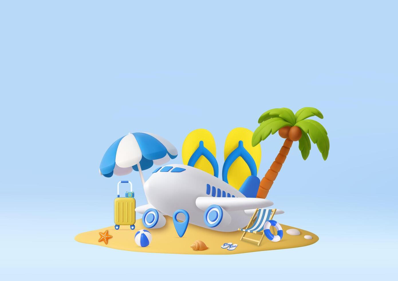 3D Beach Vacation Concept with Airplane and Flip-Flops vector