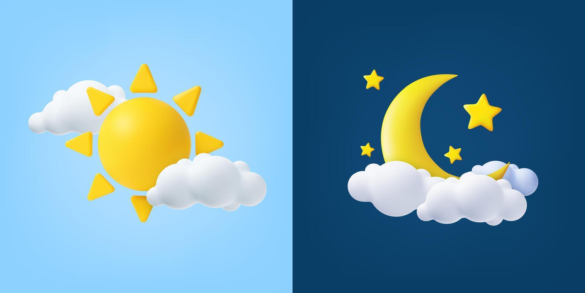 3d Sun and moon icons representing day and night. vector