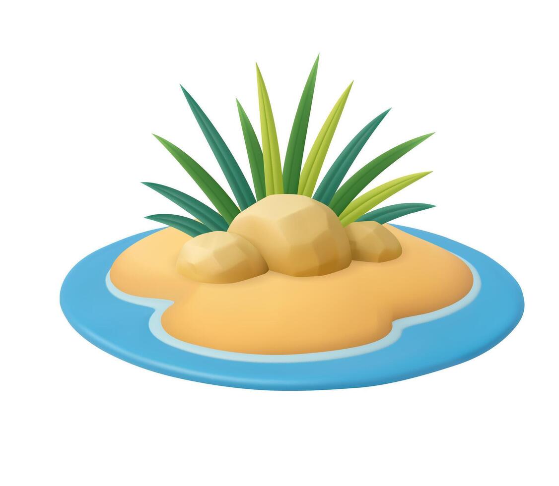 3d Tropical Island with Leaves and Rocks in Water. vector