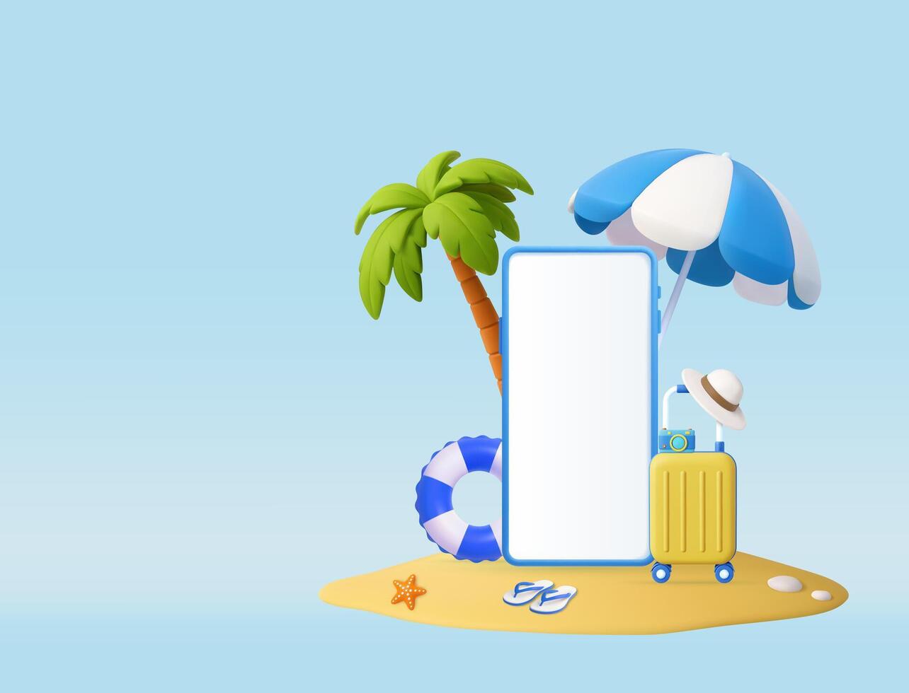 3D Summer Vacation Background with Smartphone Frame. vector