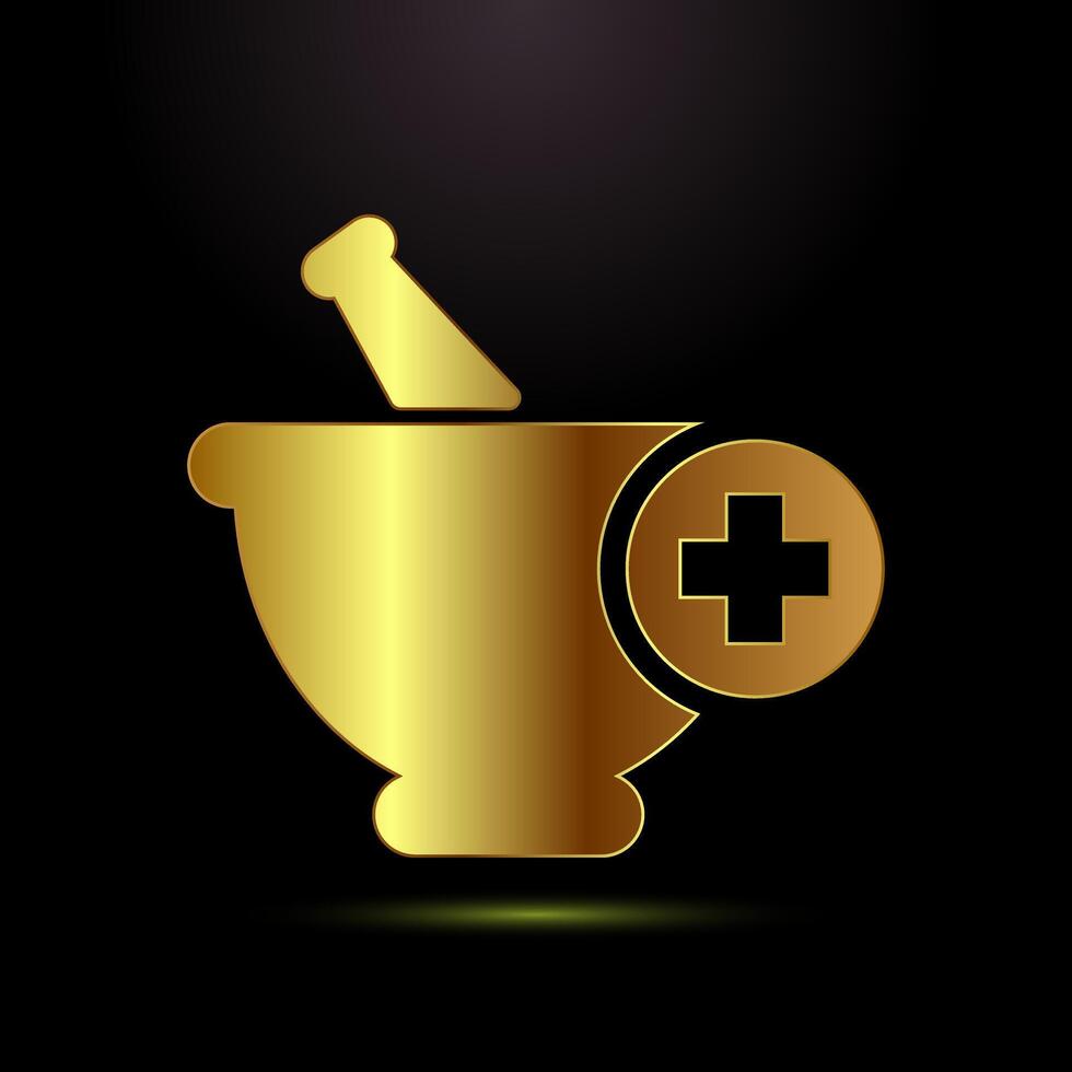 Mortar and pestle icon design. Pharmacy symbol for app, website, and logo in gold color style vector