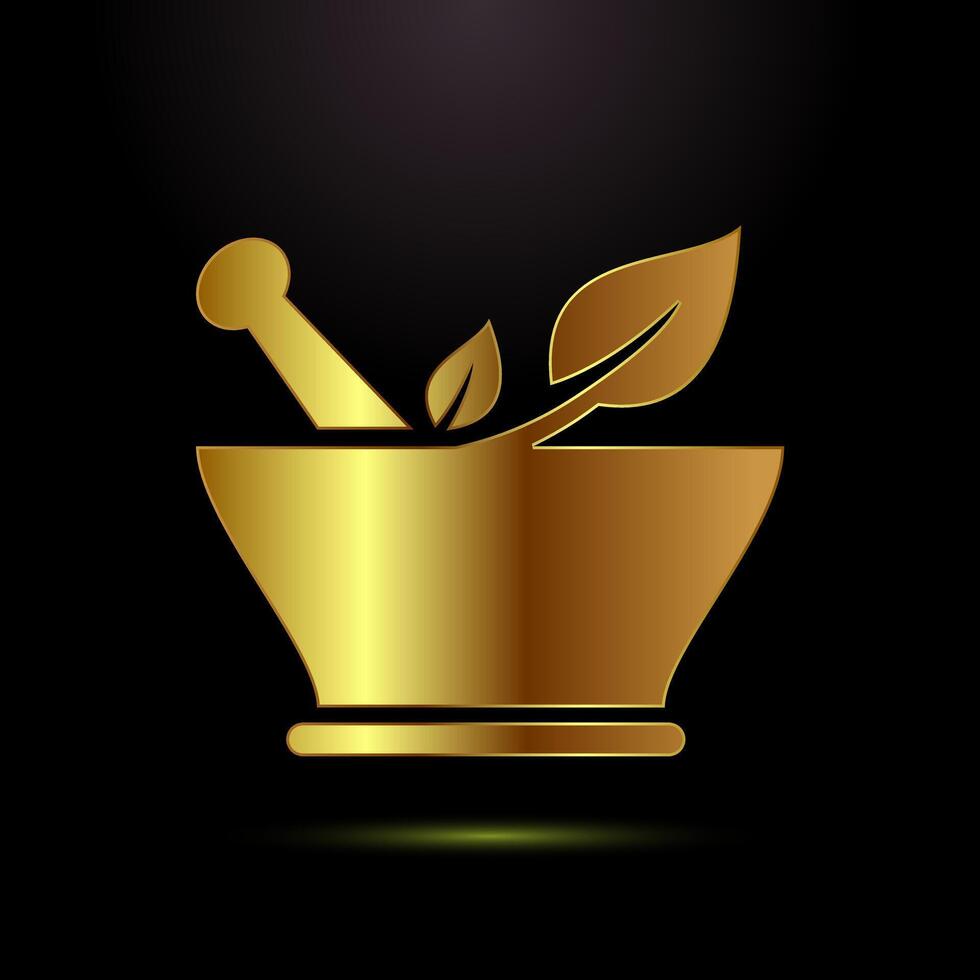Mortar and pestle icon design illustration. Pharmacy sign for app, website, and logo in gold color style vector